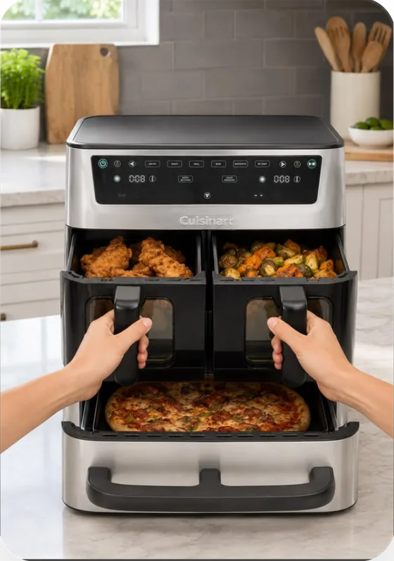 A dual-basket air fryer with food inside