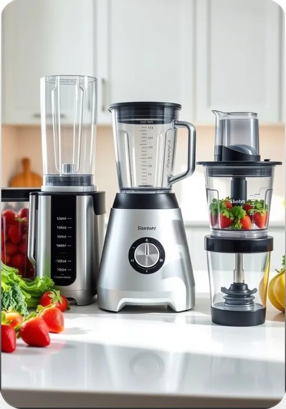 Blenders and a food processor on a kitchen counter