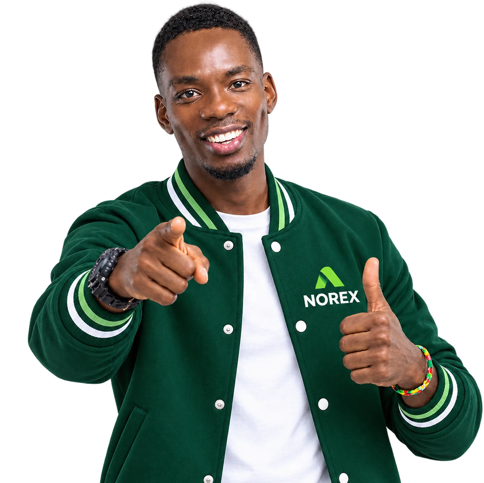 A Norex team member in a green jacket pointing and giving a thumbs up