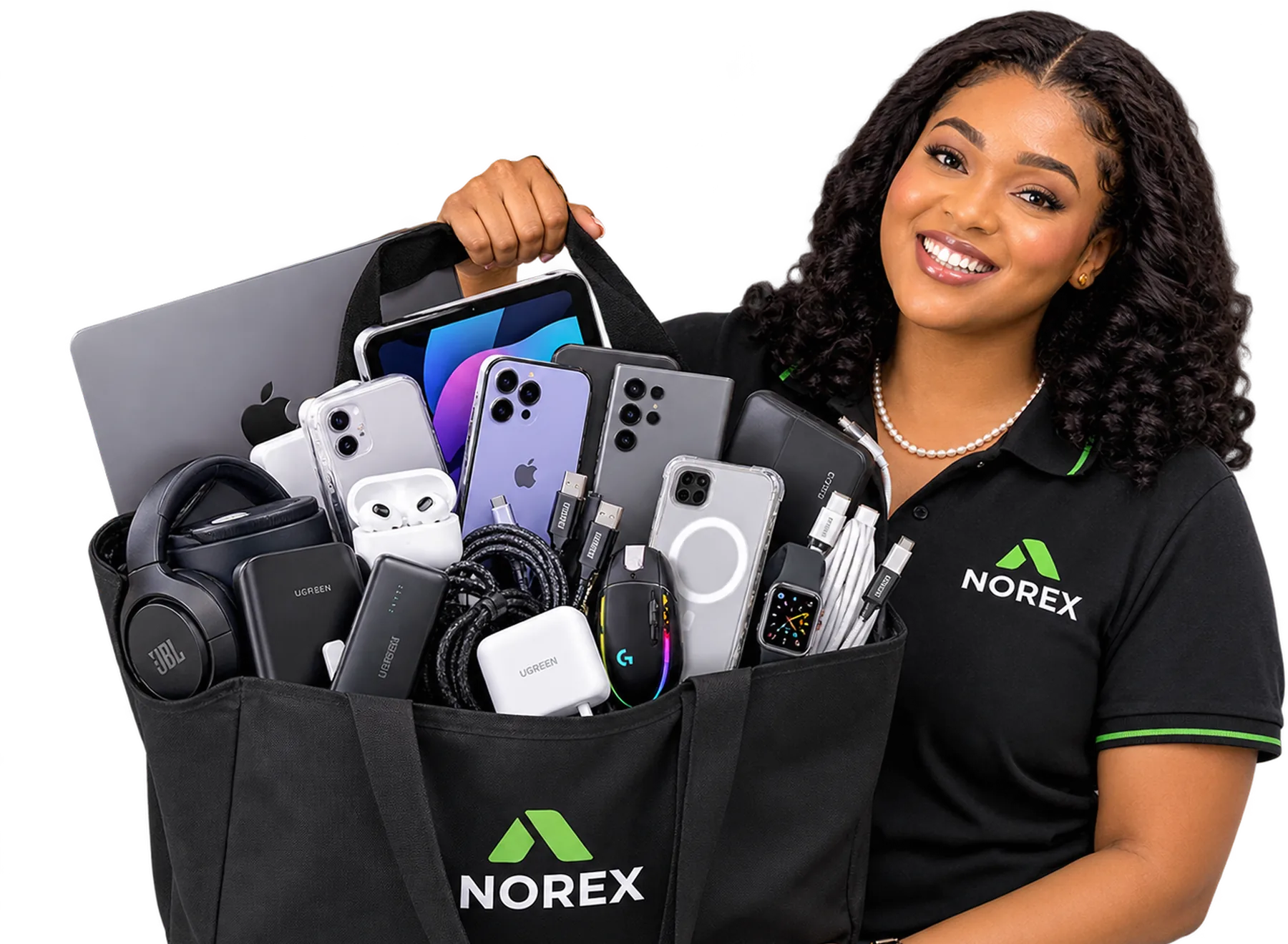 A smiling Norex team member holding a bag full of phones, laptops and accessories