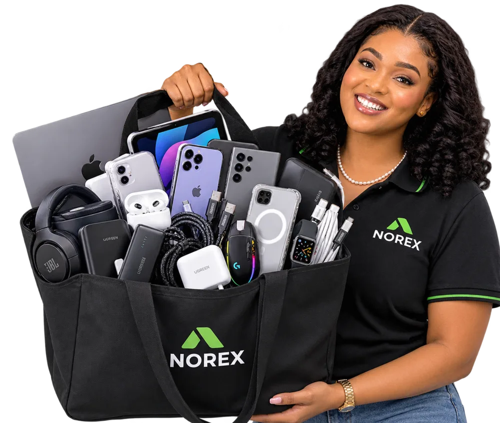 A Norex team member holding a Norex bag full of phones, tablets, earbuds and chargers