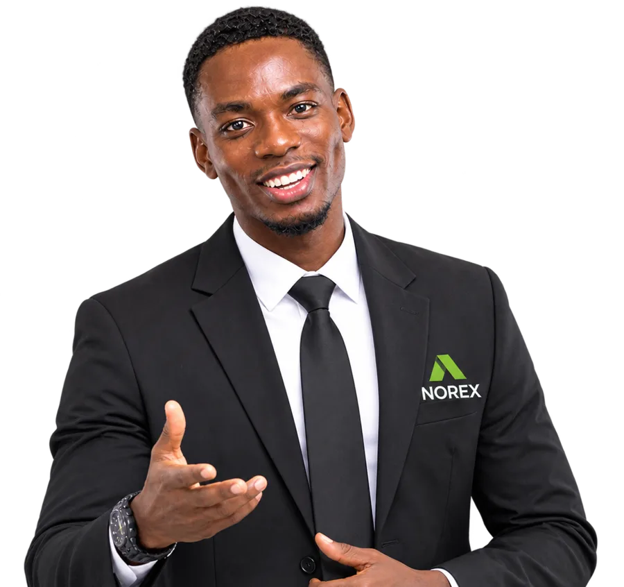 A smiling Norex team member in a black suit gesturing with an open hand