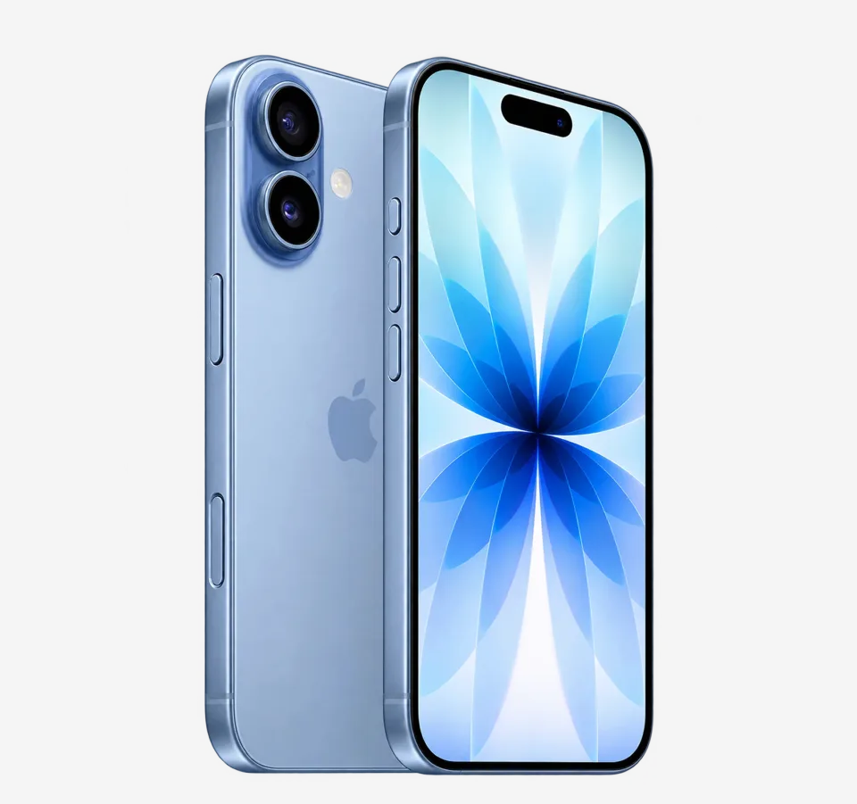 A blue iPhone seen from the front and the back