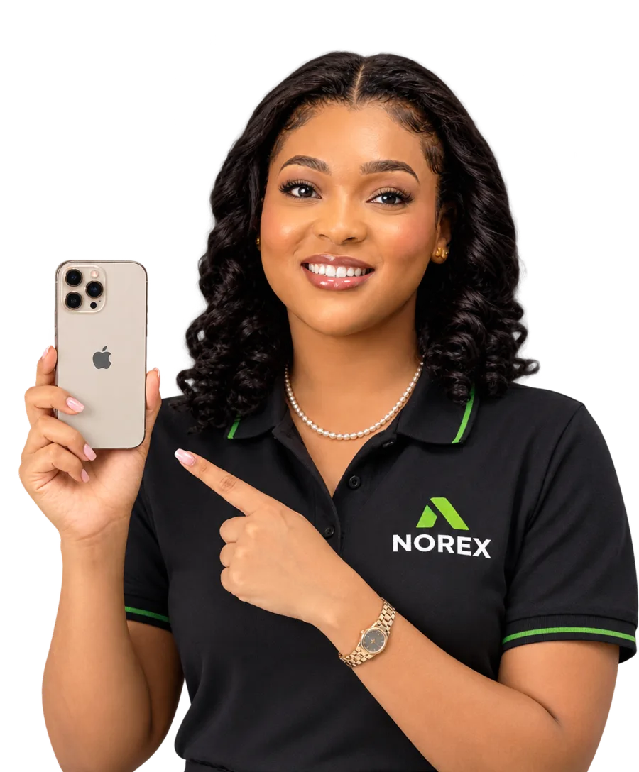A Norex team member holding up an iPhone and pointing at it