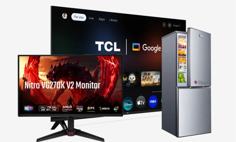 A TCL Google TV, a gaming monitor and a silver fridge