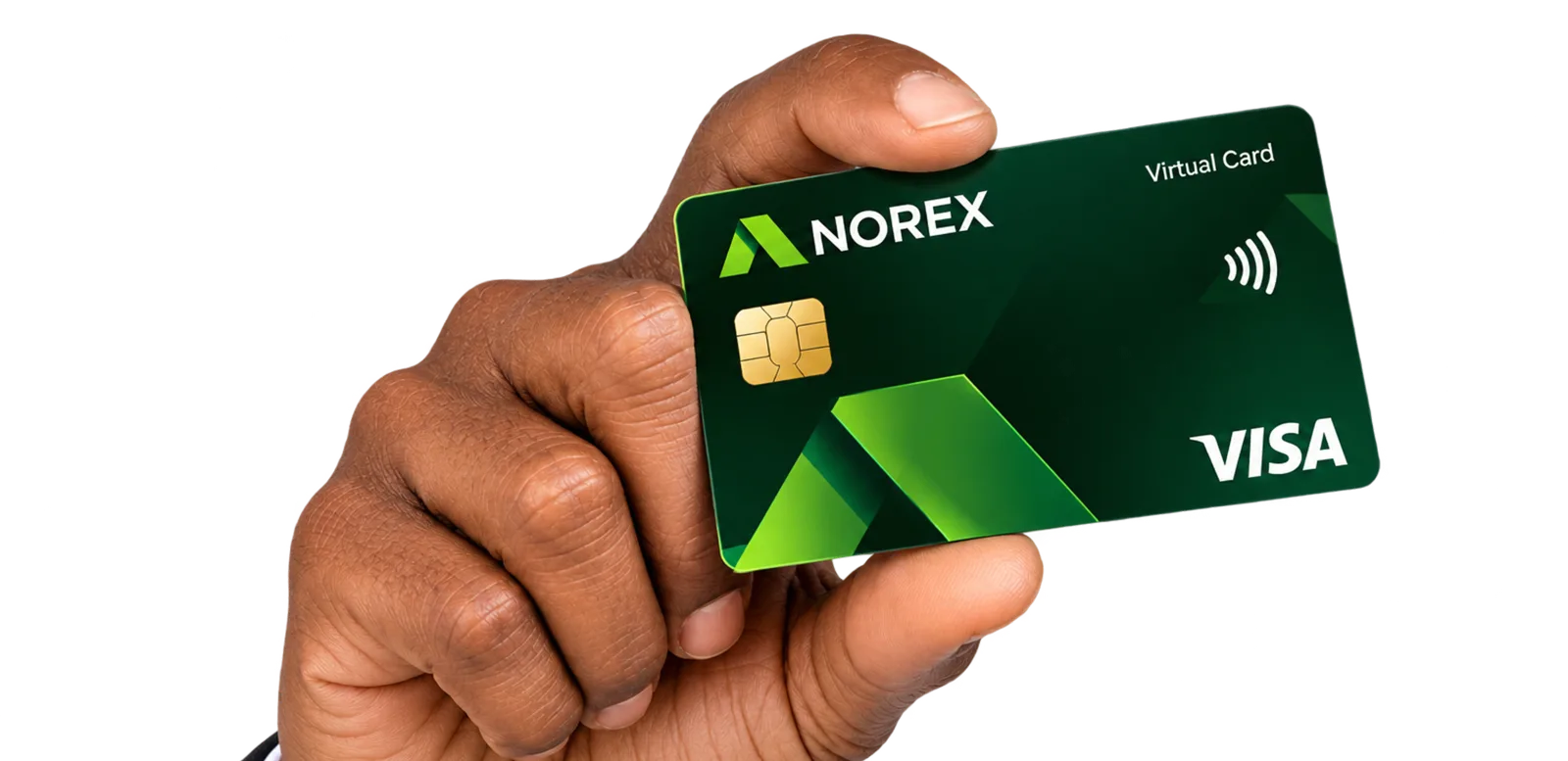 A hand holding a green Norex Visa virtual card