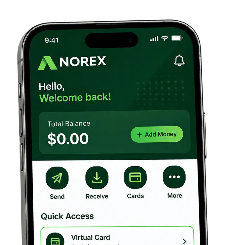The Norex app home screen showing a balance, quick actions and a virtual card
